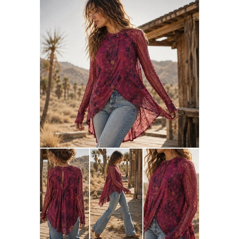 Free People Boho Tunic Top Lace Sleeve Keyhole Back Linen Blend M